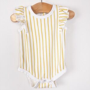 Pehr Baby Girls Organic Cotton Striped Ruffle Sleeve Bodysuit 0-3m Mustard White
